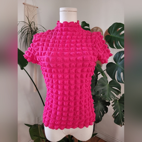 Almost Famous Tops - Almost Famous Fuchsia Textured Short Sleeve Top